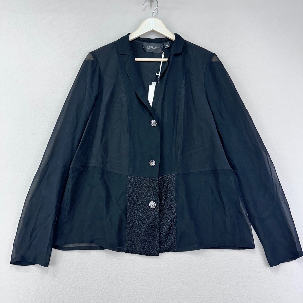 Carlisle Collection Ceremony Blouse Womens 10 Black Sheer Silk Button Up‎ NWT